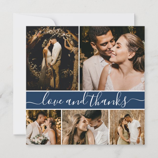 Elegant Script Navy 5 Photo Collage Wedding Thank You Card (Front)