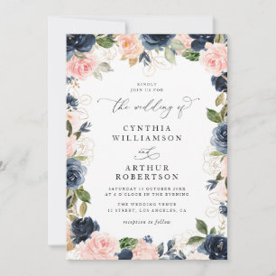 elegant script navy and blush floral wedding invitation