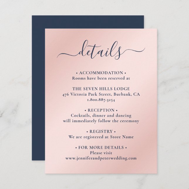 Elegant Script Navy Blue and Blush Wedding Details Enclosure Card (Front/Back)