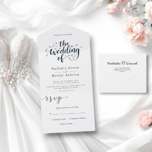 Elegant Script Navy Blue and White Modern Wedding All In One Invitation