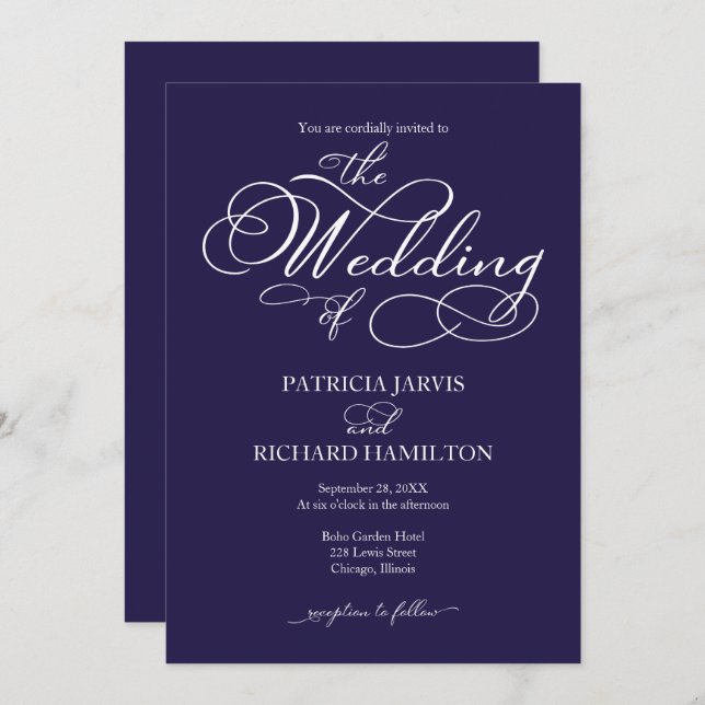 Elegant Script Navy Blue And White Wedding Invitation (Front/Back)