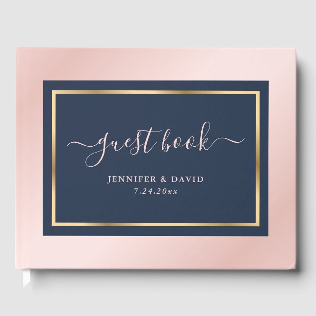 Elegant Script Navy Blue Blush and Gold Wedding Guest Book (Front)