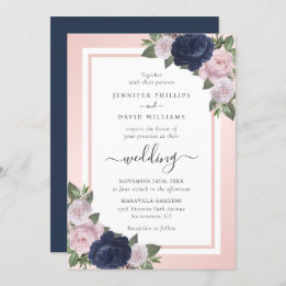 Elegant Script Navy Blue Blush Floral Wedding Invitation