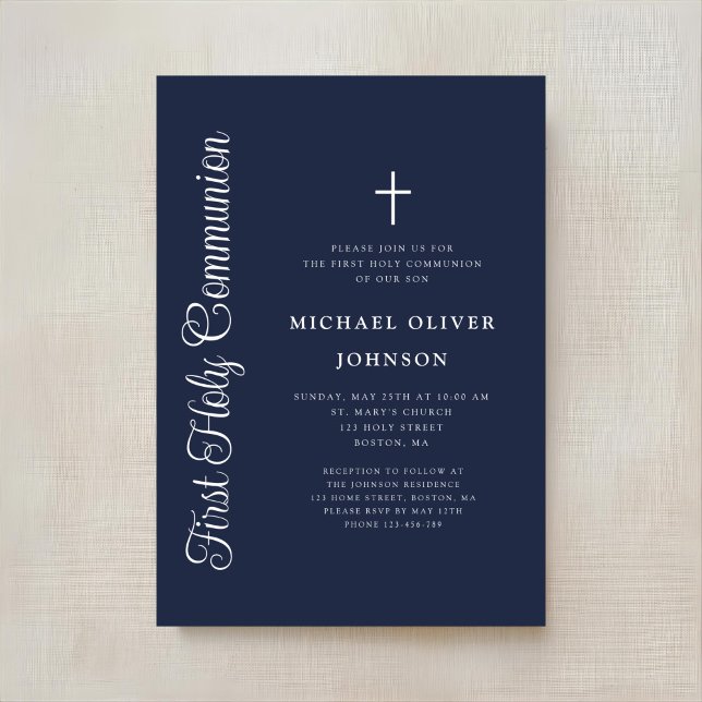 Elegant Script Navy Blue Boy First Communion Invitation (Creator Uploaded)