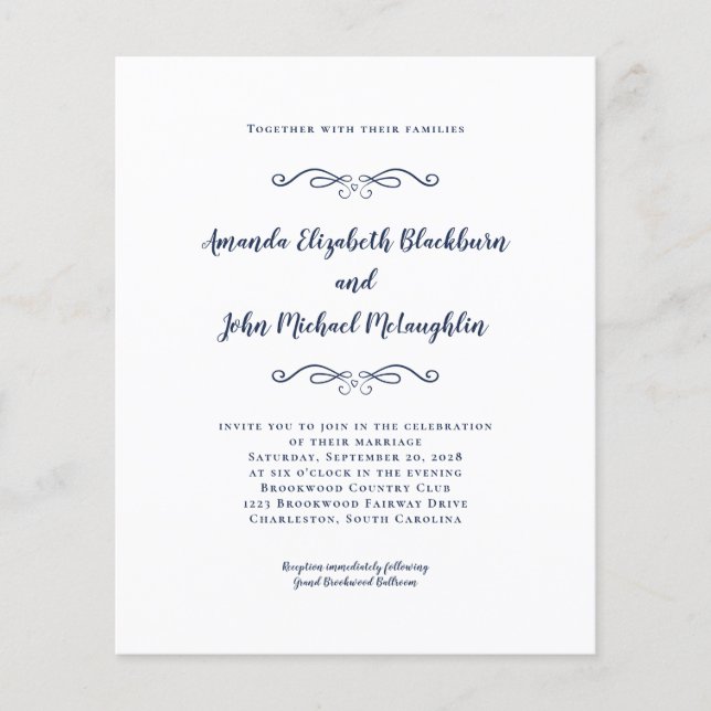 Elegant Script Navy Blue Budget Wedding Invitation (Front)