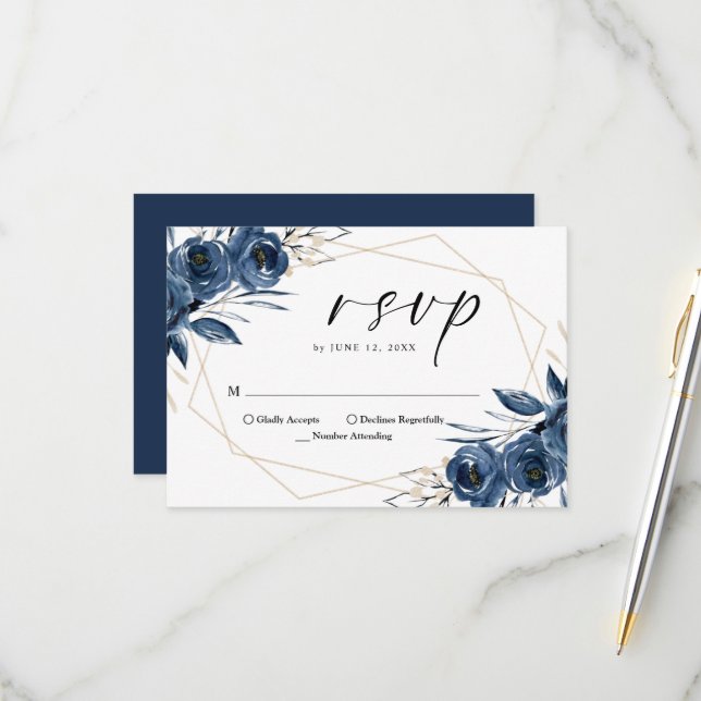 Elegant Script Navy Blue Floral QR Code Wedding RSVP Card (Front/Back In Situ)
