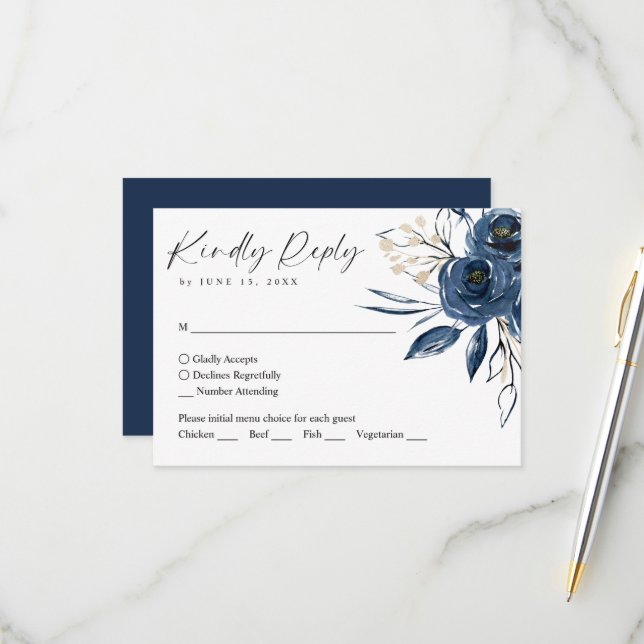 Elegant Script Navy Blue Floral Wedding RSVP Card (Front/Back In Situ)