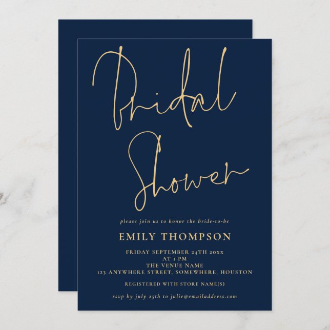 Elegant Script Navy Blue Gold Bridal Shower  Invitation (Front/Back)