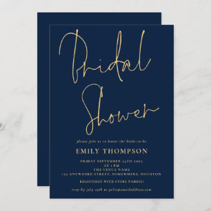 Elegant Script Navy Blue Gold Bridal Shower Invitation