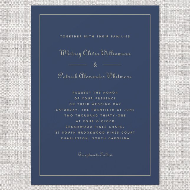 Elegant Script Navy Blue Gold Formal Chic Weddings Invitation (Elegant Script Navy Blue Gold Formal Chic Weddings Invitation)