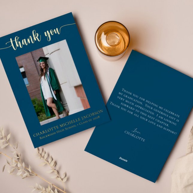 Elegant Script Navy Blue Gold Photo Graduation (Creator Uploaded)