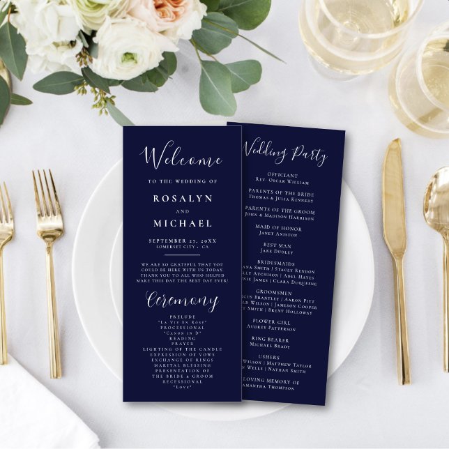 Elegant Script Navy Blue Modern Minimalist Wedding Programme (Creator Uploaded)