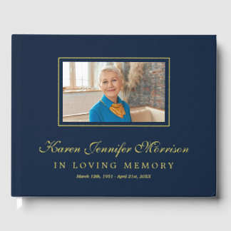 Elegant Script Navy Blue Photo In Loving Memory Guest Book