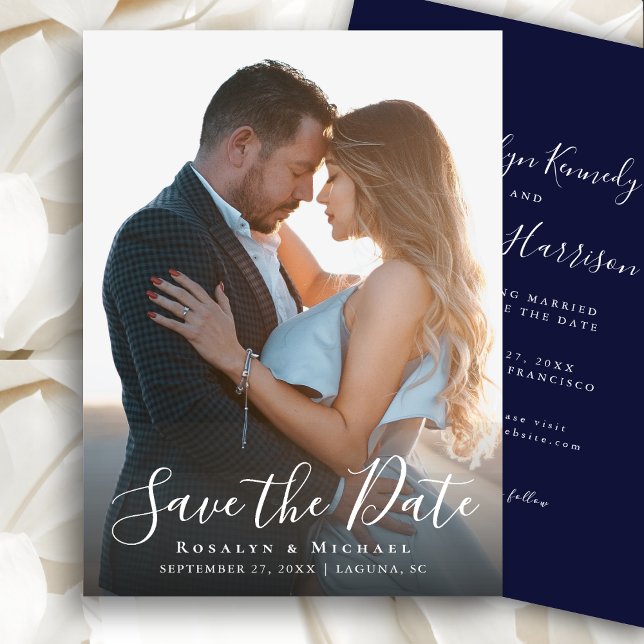 Elegant Script Navy Blue Photo Minimalist Wedding Save The Date (Creator Uploaded)