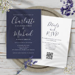 Elegant Script Navy Blue QR Code Wedding Invitation<br><div class="desc">Featuring signature style names,  this elegant navy blue wedding invitation can be personalised with all your special wedding day information on the front,  your wedding website details,  and your QR code on the reverse. Designed by Thisisnotme©</div>