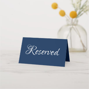 Elegant script navy blue Reserved text Wedding Place Card
