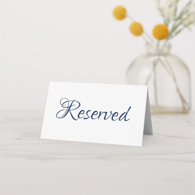 Elegant script navy blue Reserved text Wedding Place Card (Front)