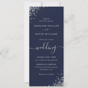 Elegant Script Navy Blue Silver Glitter Wedding Invitation