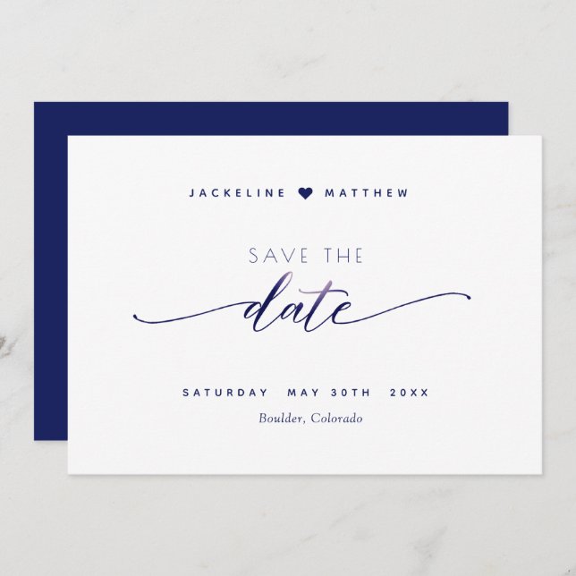Elegant Script, Navy Blue Simple Wedding Save The Date (Front/Back)
