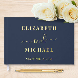 Elegant Script Navy Blue Wedding Guest Book