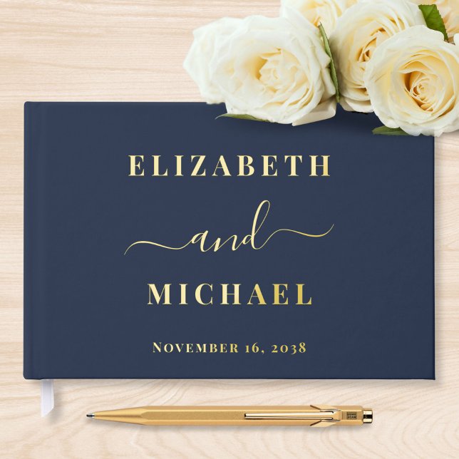 Elegant Script Navy Blue Wedding Guest Book (Creator Uploaded)
