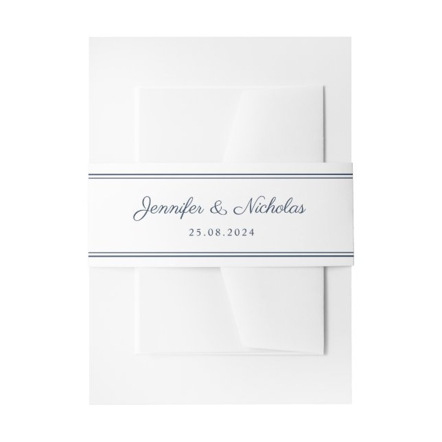 Elegant Script Navy Blue Wedding Invitation Belly Band (Front Example)