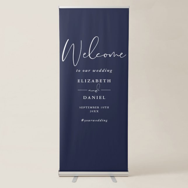Elegant Script Navy Blue Wedding Welcome Retractable Banner (Front)