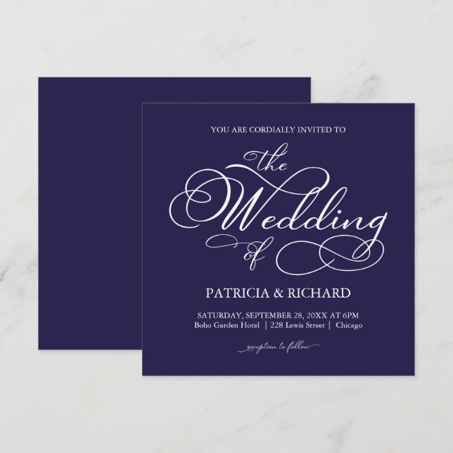 Elegant Script Navy Blue White Wedding Invitation (Front/Back)
