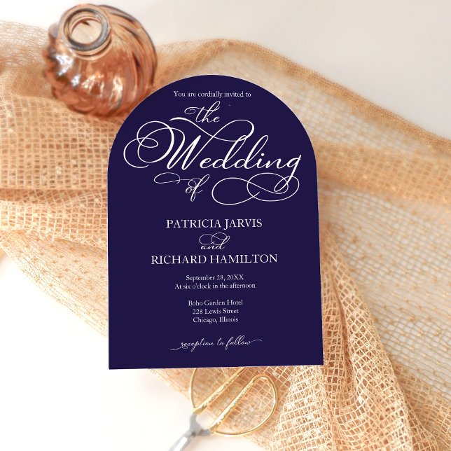 Elegant Script Navy Blue White Wedding Invitations (Creator Uploaded)