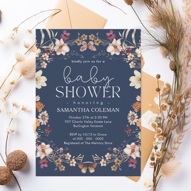 Elegant Script Navy Blue Wildflower Baby Shower Invitation (Creator Uploaded)