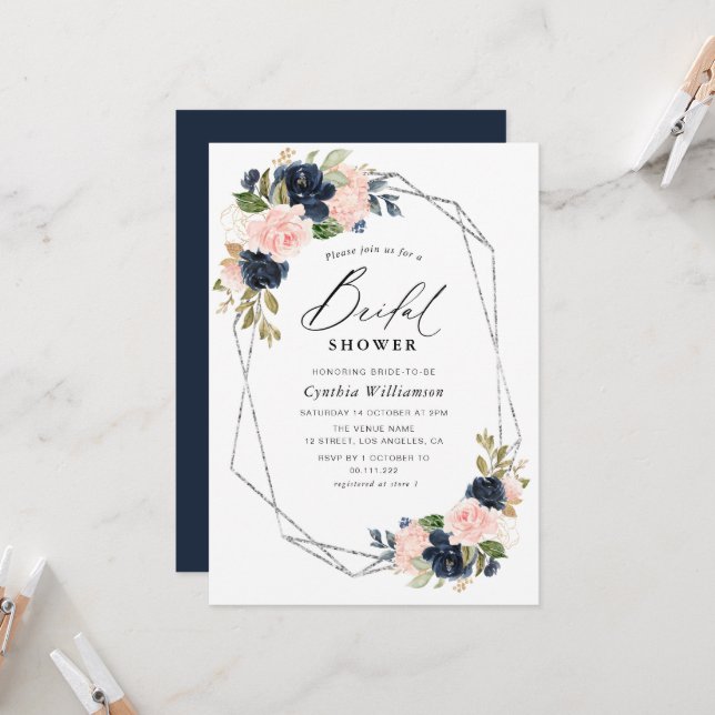 elegant script navy & blush floral bridal shower invitation (Front/Back In Situ)