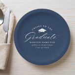 Elegant Script Navy Cheers to the Graduate Paper Plate<br><div class="desc">Elegant graduation paper plates featuring a graduation cap with the phrase "Cheers to the Graduate" in a white calligraphy script on a navy background. Personalise the modern graduation paper plates with the graduate's name, school name, and graduation year. The simple graduation plates are perfect to use for your high school...</div>