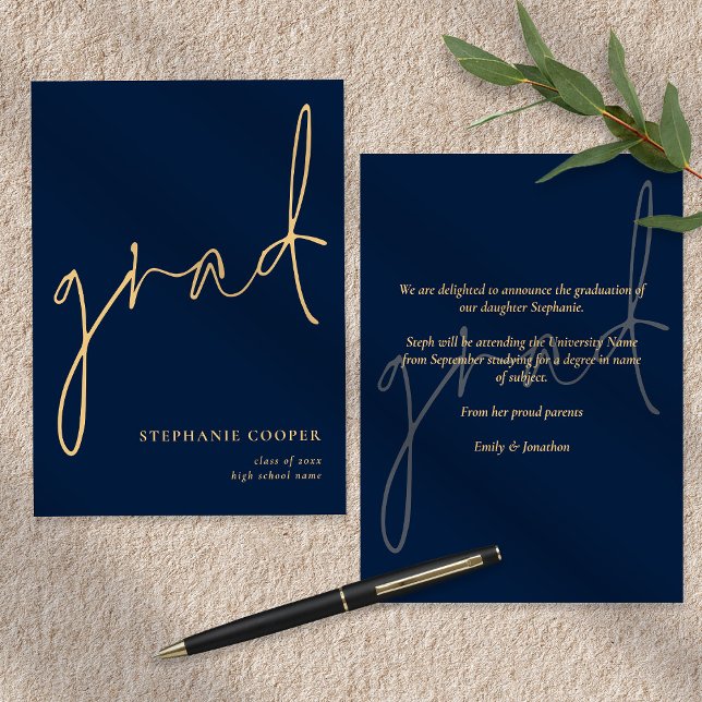 Elegant Script Navy Gold Graduation  Announcement (Creator Uploaded)