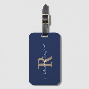 Elegant Script Navy Gold Monogram Name Travel  Luggage Tag