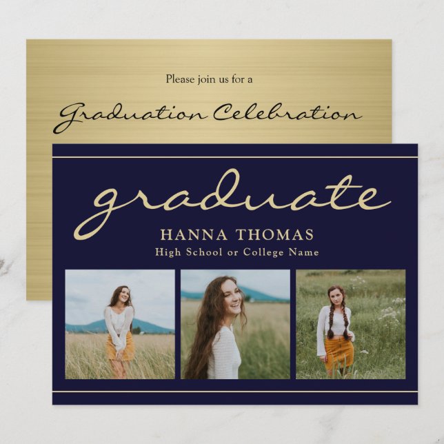 Elegant Script Navy Gold Three Photo Graduation Invitation (Front/Back)