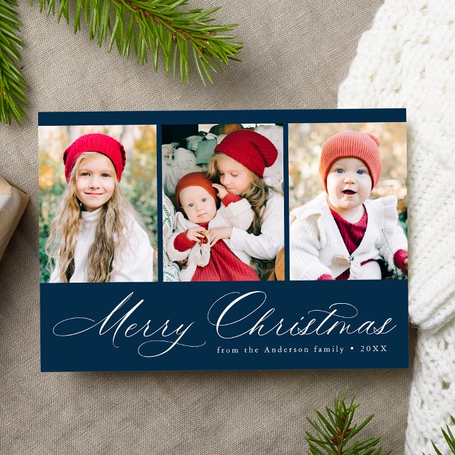 Elegant Script Navy Merry Christmas 3 Photo Holiday Card (Creator Uploaded)