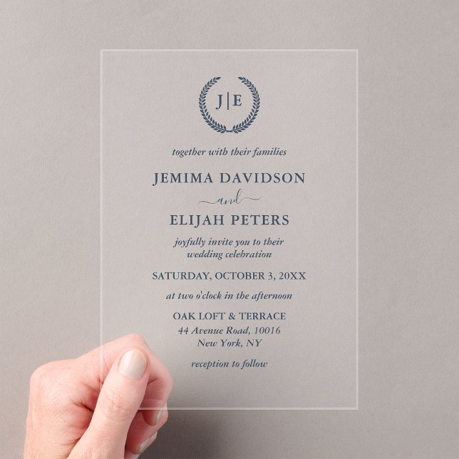 Elegant Script Navy Monogram Crest Wreath Wedding Acrylic Invitations (Creator Uploaded)