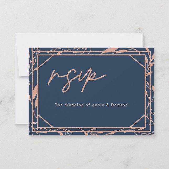 Elegant Script Navy Rose Gold Wedding RSVP (Front)
