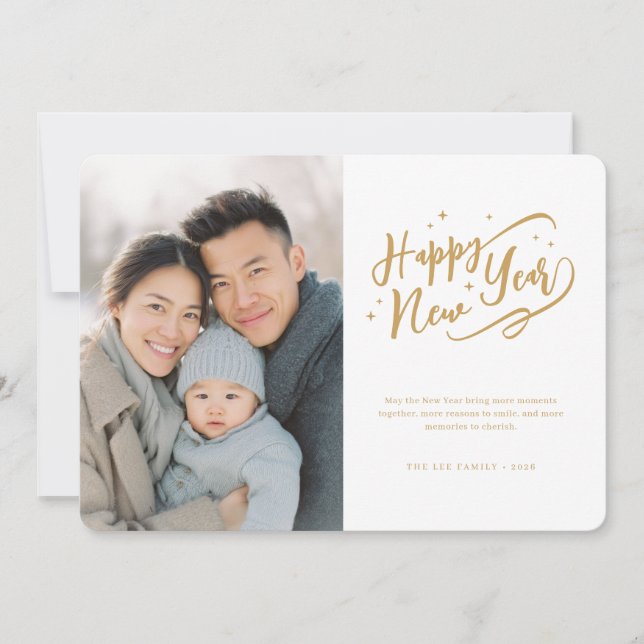 Elegant Script New Year Photo Holiday Card (Front)