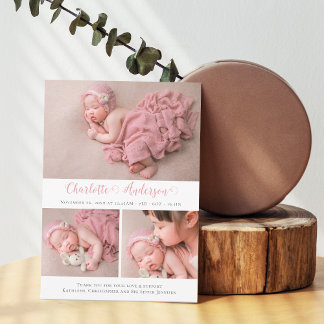 Elegant Script Newborn 3 Photo Collage Birth Announcement