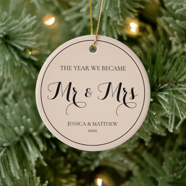 Elegant Script Newlywed First Christmas Mr and Mrs Ceramic Tree Decoration (Tree)