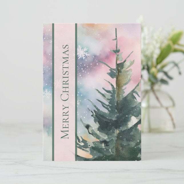 Elegant Script Non Photo Watercolor Christmas Tree Holiday Card (Standing Front)