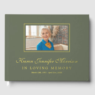 Elegant Script Olive Green Photo In Loving Memory Guest Book