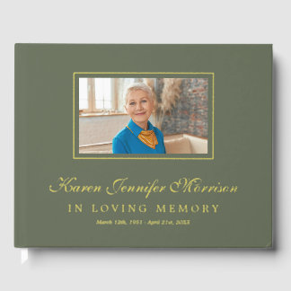 Elegant Script Olive Green Photo In Loving Memory Guest Book