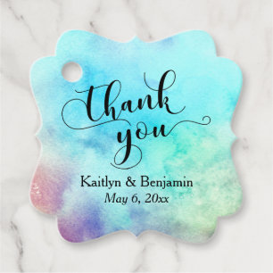 Elegant Script on Aqua Watercolor Splash Thank You Favour Tags