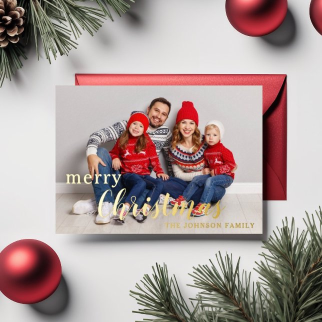 Elegant Script One Photo Merry Christmas Gold Foil Holiday Card (Elegant Script One Photo Merry Christmas Gold Foil Holiday Card)