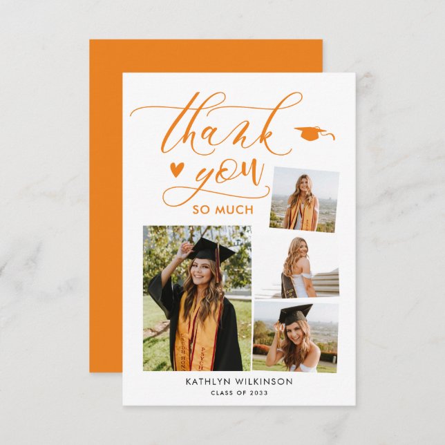 Elegant Script Orange 4 Photo Collage Graduation Thank You Card (Front/Back)