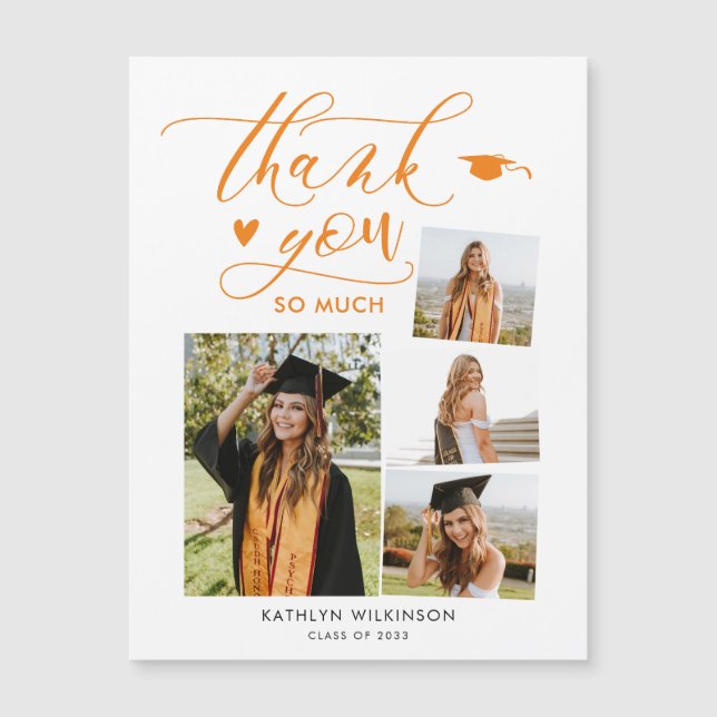 Elegant Script Orange 4 Photo Graduation Thank You (Front)