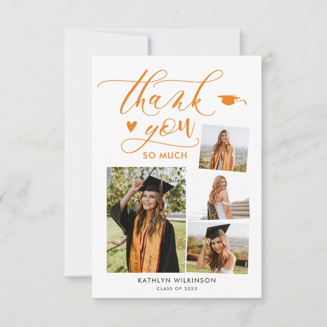Elegant Script Orange 4 Photo Graduation Thank You Invitation (Front)