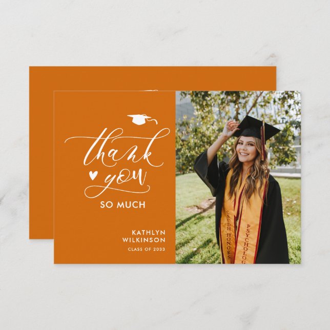 Elegant Script Orange Photo Minimalist Graduation Thank You Card (Front/Back)